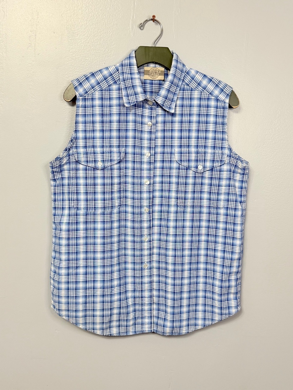 #18)  New Denim & Republic Cotton Light Blue Plaid Button-Up Shirt